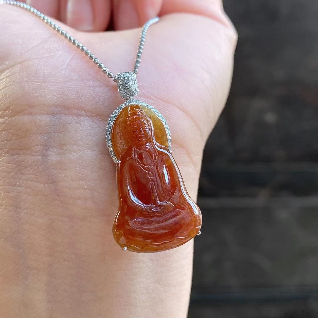 Jade - Pendentif Guanyin en Jade Rouge - Or 18K et Diamants