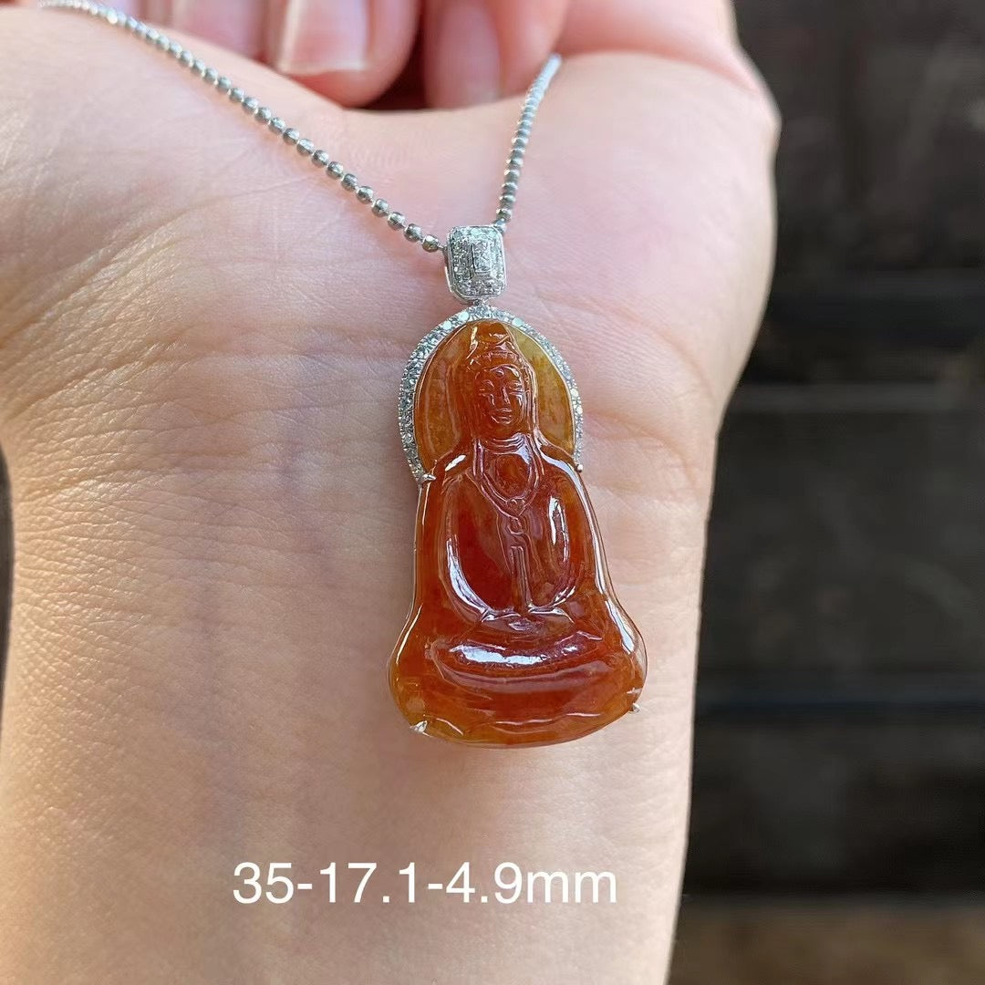 Jade - Pendentif Guanyin en Jade Rouge - Or 18K et Diamants