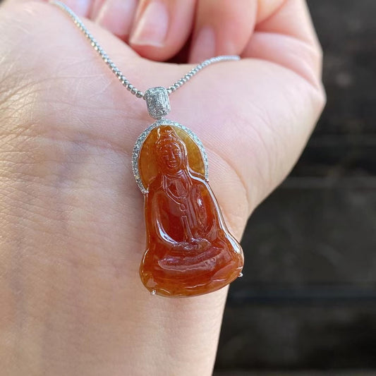 Jade - Pendentif Guanyin en Jade Rouge - Or 18K et Diamants
